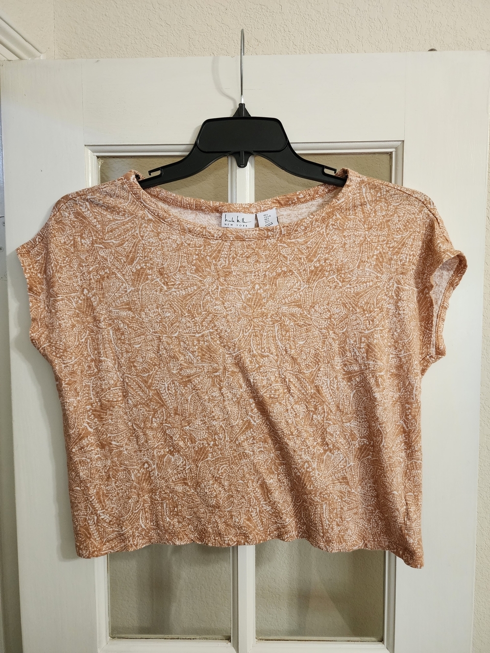 Nicole Miller Linen Top L Peachy Tan Floral Boxy Crop Cap Sleeve